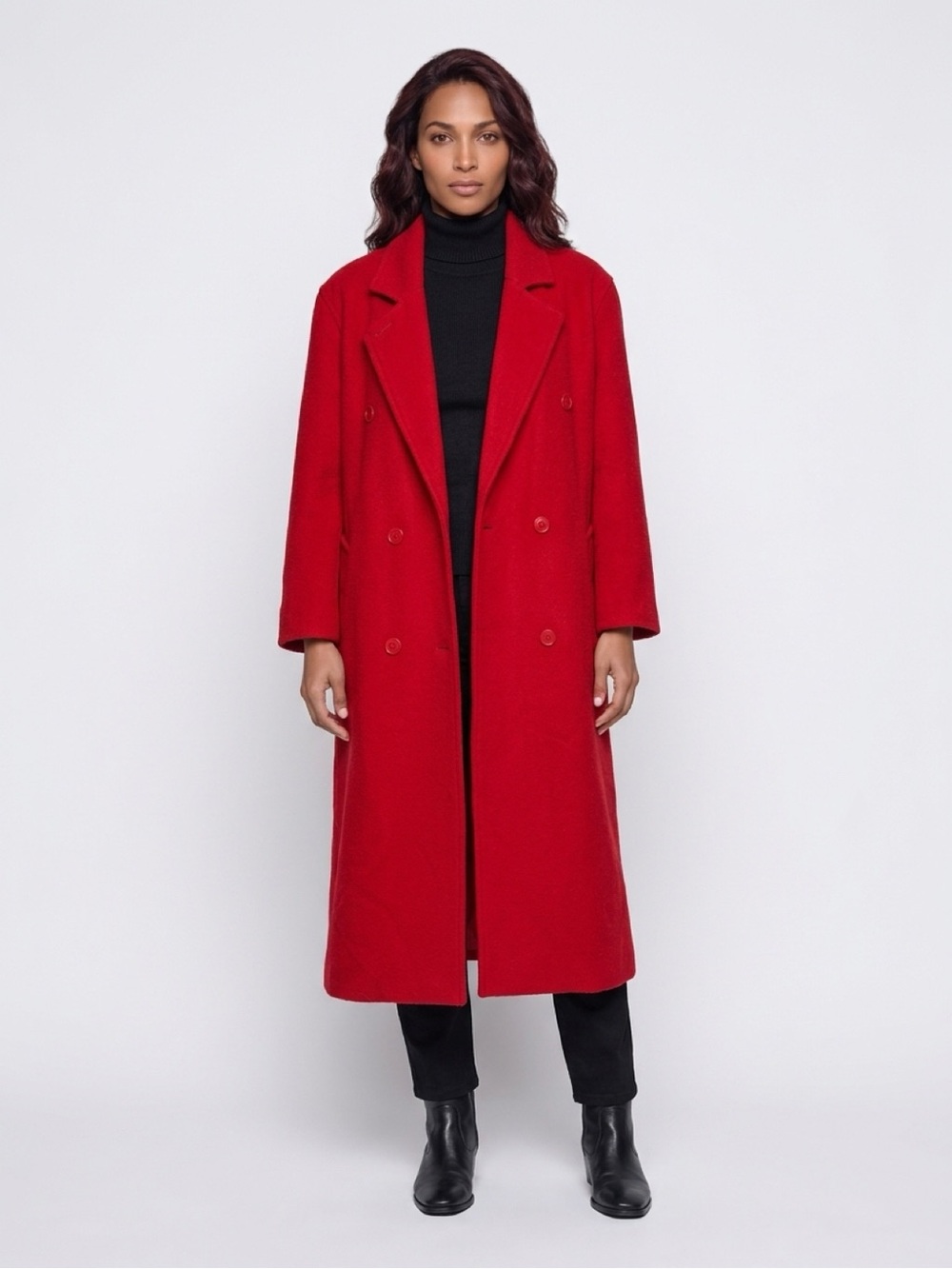 Long Double-Breasted Red Wool Coat